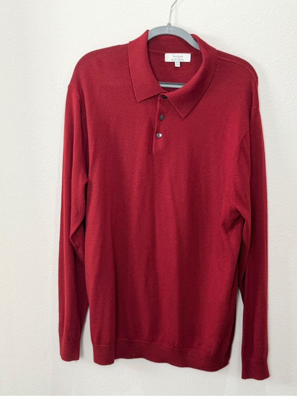 Turnbury Men’s XL Red 100% Extra Fine Merino Wool Long Sleeve Polo Sweater